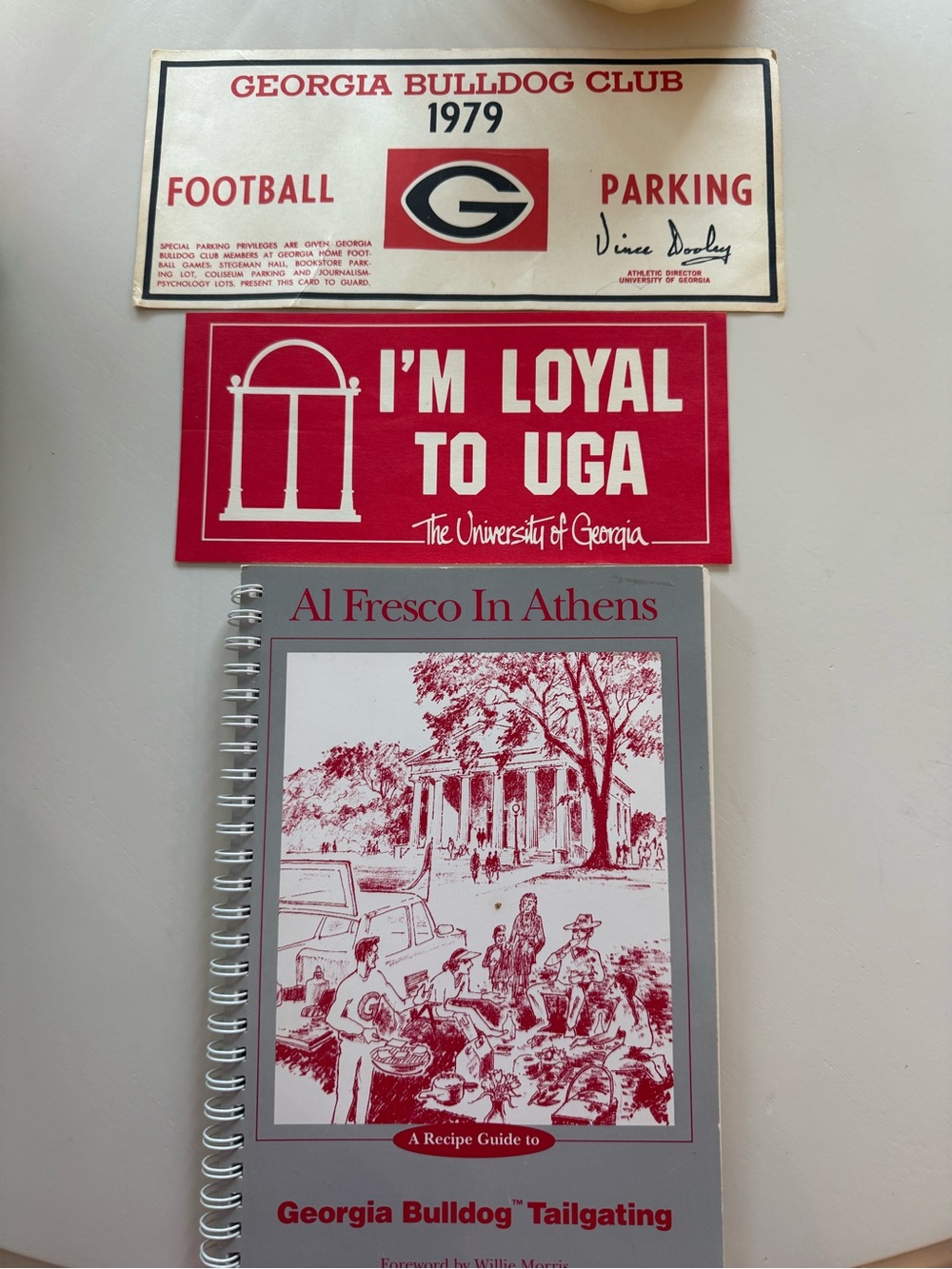 UGA tailgating cookbook, Retro parking pass from 1979 and retro sticker bundle
